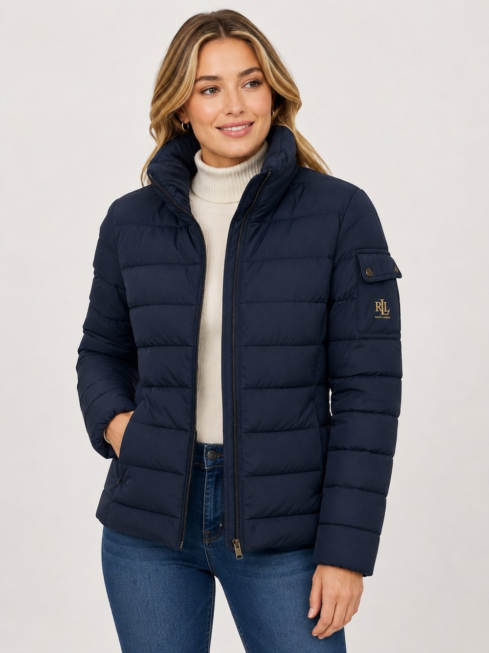 Lauren Ralph Lauren Navy Quilted Puffer Jacket with Stand Collar Sz XS TP